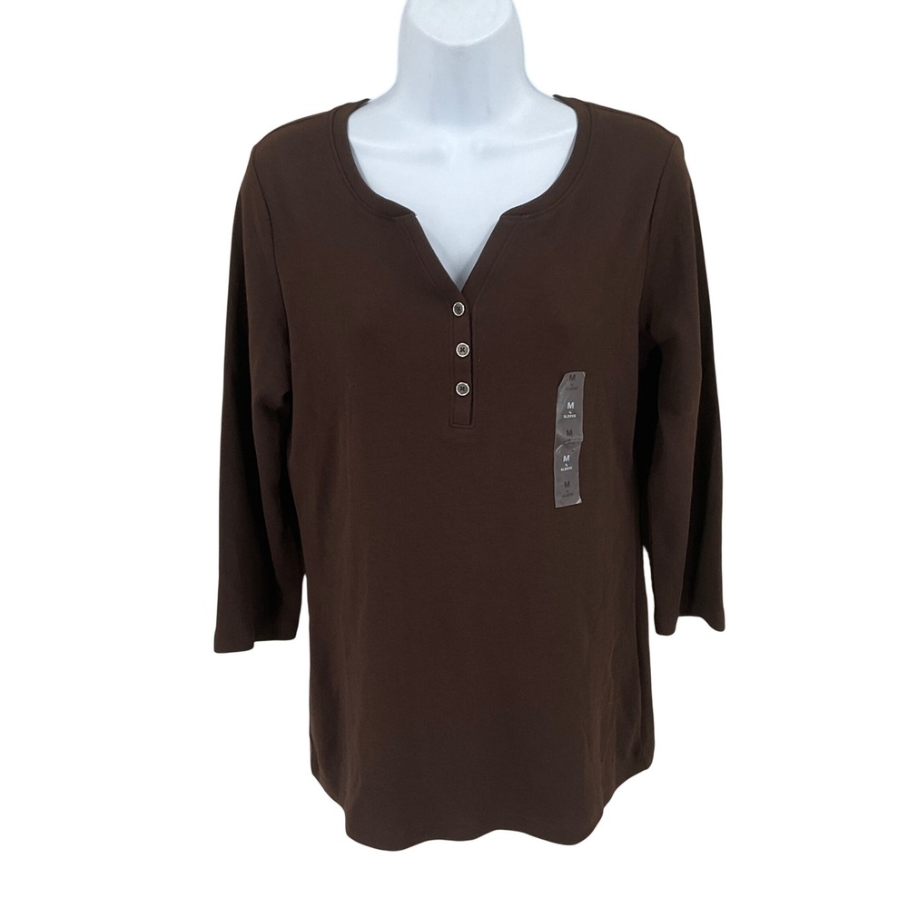 Karen Scott Henley Top Women M Brown Classic Minimalist 3/4 Sleeve Cotton NEW